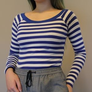 Blue striped long sleeve wide neck top